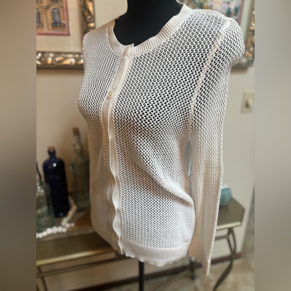 ANN TAYLOR White Button-Up Textured Open Knit Mesh Nautical Cardigan Size M-L - Picture 3 of 7